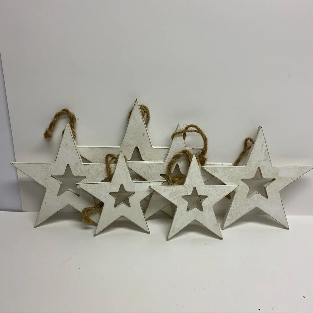 Set of 6 Wooden Hanging Stars White Rustic Country July 4th Christmas - Picture 2 of 6